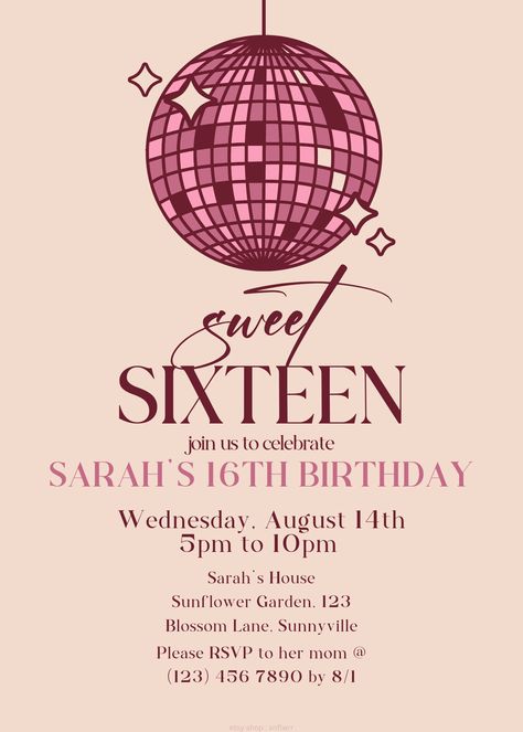 Celebrate Your Sweet Sixteen with this Elegant Birthday Invitation! Embrace the charm of a sweet sixteen with this sophisticated birthday invitation. Featuring a beautiful palette of brown, pink, and beige, these invites capture the essence of elegance and youth. With stylish fonts and inviting wording, they're the perfect way to gather friends and family for a memorable celebration. Order now and let the refined charm set the tone for your special day! How to Download, Edit, and Print Your Invitation with Canva: Download: Click the download link provided after your purchase to access the editable invitation template. Edit: Open the template in Canva, a user-friendly design tool. Customize the text, colors, and images to perfectly match your party's theme. Print: Once you're satisfied with Party Invitations Sweet 16, Invitation 16 Sweet Sixteen, Pink Invations Card, Sweet 16 Party Invites, Pink Party Invitations Birthday, Sweet Sixteen Party Invitations, Sweet 16 Birthday Invitation Template, Invitation 15 Birthday, Sweet 16 Invites Ideas