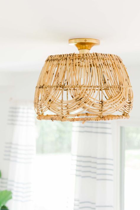 If you're on the hunt for an easy DIY pendant light to make, I'm sharing how to make a basket light fixture and it's so simple! Flush Mount Lamp Shade, Breakfast Nook Pendant Light, Diy Rattan Light Fixture, Diy Light Pendant Ideas, How To Make A Light Fixture, Diy Flush Mount Light, Basket Into Light Fixture, Basket Pendant Light Kitchen, Diy Basket Light Pendant