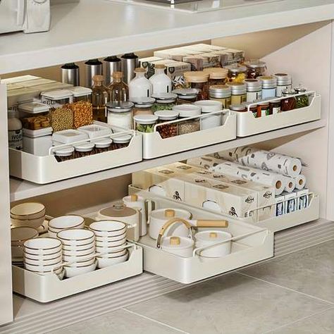 Pull Out Kitchen Storage, Pull Out Cabinet Drawers, Organiser Cucina, Drawer Rails, Seasoning Rack, Kitchen Spice Racks, Pantry Shelving, Kitchen Cabinet Drawers, Space Saving Kitchen