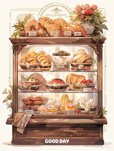 Bakery Painting Ideas, Pastry Art Drawing, Cute Bakery Aesthetic, Bakery Drawing, Pretty Scrapbook, Boutique Patisserie, Bakery Art, Japanese Food Illustration, Christmas Booth