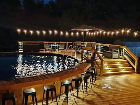 Hot Tub And Pool Deck, Pool And Deck Design, Deck To Pool Ideas, Above Ground Pool Bar Top, Above Ground Pool Design Ideas, Deck Patio Combo Ideas With Pool, Pergola Pool Deck, Low Decks Backyard Ground Level Patio, Deck Around Round Pool