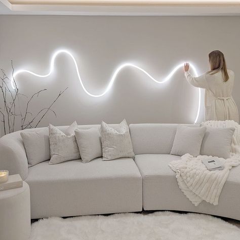 Warm white wall LED Rope light 5 meters in a luxury living room with a cream modern sofa. Neon Rope Light Ideas Living Room, Rope Light Bedroom, White Led Lights Bedroom, Led Rope Lights Bedroom, Rope Lighting Ideas, Led Strip Lighting Ideas, Led Home Decor, Rowen Homes, Pixel Led