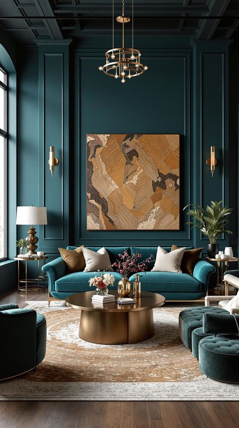 Dark Teal Bedroom Teal And Gold Home Decor, Teal Blue Interior, Teal And Gold Room, Dark Teal Living Room Ideas, Dark Teal Room, Dark Teal Office, Teal Color Palette Bedroom, Teal Apartment, Deep Teal Paint