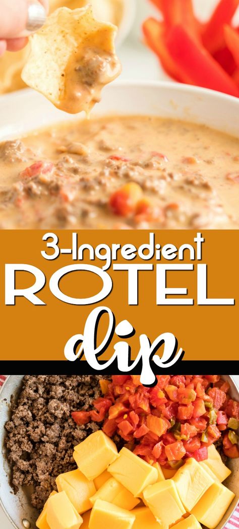 The Best Rotel Dip, Party Food To Bring, Best Rotel Dip, Rotel Dip With Ground Beef, 3 Ingredient Dip, Dip With Ground Beef, Cheese Dip Crock Pot, Nachos Cheese Recipe, Nachos Recipe Beef