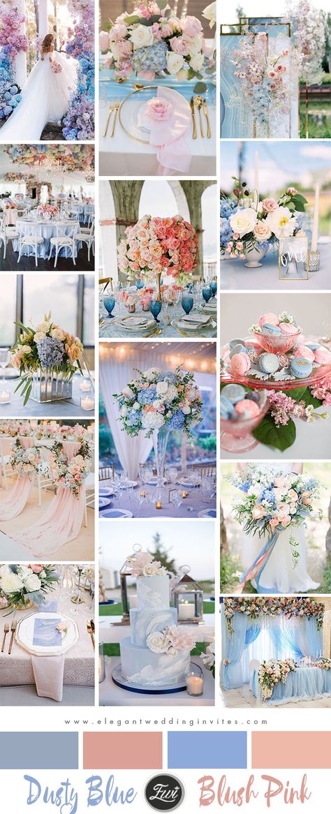 30+ Dreamy Dusty Blue and Blush Wedding Color Combo Ideas for 2020 Trends – Elegantweddinginvites.com Blog Blush Light Blue Wedding, Dusty Blue And Pink Wedding Theme, Dusty Blue And Blush Wedding, Cinderella Wedding Theme, Blush Wedding Theme, Sky Blue Weddings, Blue And Blush Wedding, Blush Wedding Colors, Dusty Pink Weddings