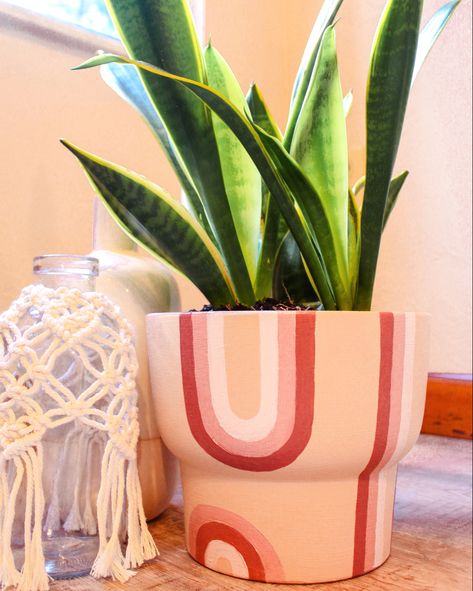 Hand Painted Terracotta Boho Plant Pot with Snake Plant Abstract Plant Pot Painting, Terracotta Painted Pot, Painted Plant Pots Diy Boho, Boho Flower Pot Painting, Ceramic Art Plant Pot, Pot Plant Designs Diy Painting, Diy Plant Pot Painting Ideas, Paint Your Own Plant Pot, Hand Painted Plant Pots Aesthetic