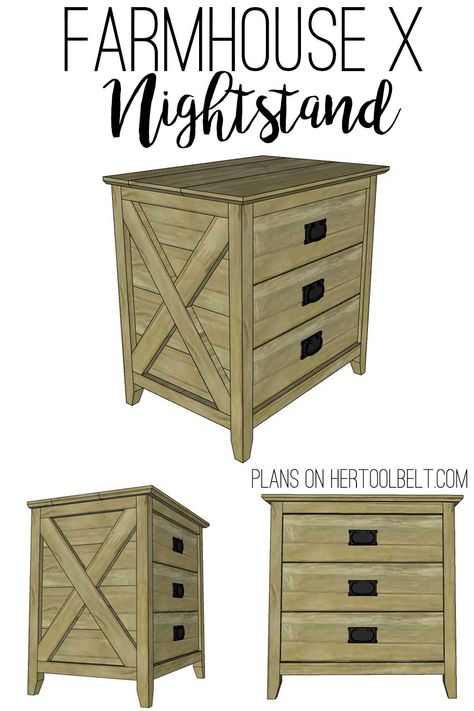 Farmhouse X Nightstand Plans - Her Tool Belt Diy Bedroom Suite Furniture, Nightstand With Drawers Diy, Diy Farmhouse Bedroom Furniture, Farmhouse Dresser Diy, Diy Farmhouse Nightstand, Diy Wood Nightstand, Farm House Dresser, Night Stands Diy, Diy Farmhouse Dresser