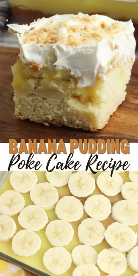 Banana Pudding Poke Cake | DINE DREAM DISCOVER Banana Pudding Poke Cake, Banana Pudding Desserts, Pudding Poke Cake, Poke Cake Recipe, Banana Pudding Cake, Banana Dessert Recipes, Keto Treats, Best Banana Pudding, Dump Cakes