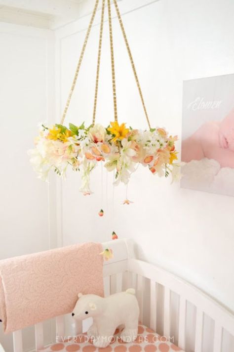 DIY Nursery Decor Ideas for Girls - DIY Floral Baby Mobile Chandelier - Cute Pink Room Decorations for Baby Girl - Crib Bedding, Changing Table, Organization Idea, Furniture and Easy Wall Art Girls Room Diy, Diy Baby Mobile, Diy Nursery Decor, Baby Mobil, Crib Bedding Girl, Pink Room Decor