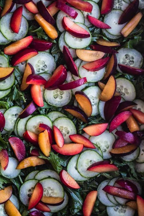 This roasted ginger dressing is smoky, spicy, aromatic, funky, sweet, and complex, making for a very extraordinary, deliciously healthy spring and summer plum salad! #plumssalad #saladrecipes Plum Salad Recipes, Plum Salad, Ginger Vinaigrette, Potatoe Salad, Vegetable Salads, Summer Savory, Plum Recipes, Crispy Shallots, Ginger Dressing