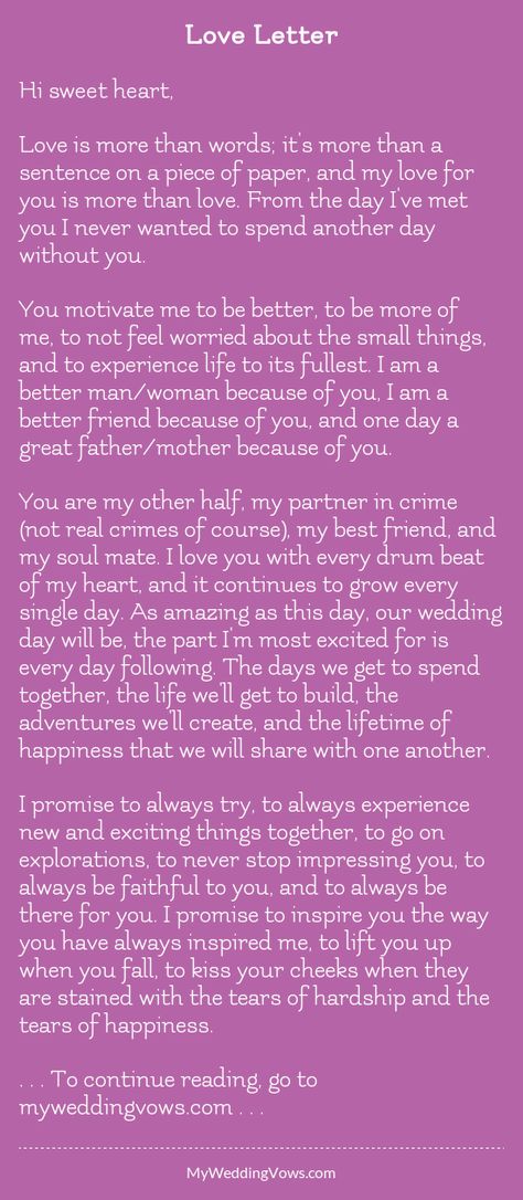 Hi sweet heart, Love is more than words; it's more than a sentence on a piece of paper, and my love for you is more than love. From the day I've met you I never wanted to spend another day without you. You motivate me to be better, to be more... Wedding Vows To Husband, Wedding Day Quotes, Laughing Funny, Letters To Boyfriend, Bae Quotes, Relationship Texts, Wedding Quotes, Husband Quotes, Boyfriend Quotes