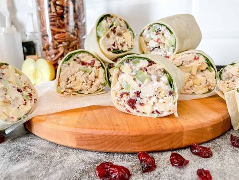 Cranberry Apple Pecan Chicken Wraps Cranberry Turkey Wraps, Chicken Cranberry Pecan Pinwheels, Chicken Cranberry Wrap, Turkey Cranberry Wraps Recipes, Happy Gut Recipes, Chicken Pecan Cranberry Wrap, Chicken Apple Wraps, Cranberry Pecan Chicken Salad, Creamy Chicken Salad