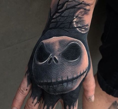 #hand #tattoos #handtattoos Skellington Tattoo, Tattoo Nightmares, Pixie Tattoo, Jack Skellington Tattoo, Jack Tattoo, Skull Hand Tattoo, Nightmare Before Christmas Tattoo, Realistic Tattoo Sleeve, Christmas Tattoo