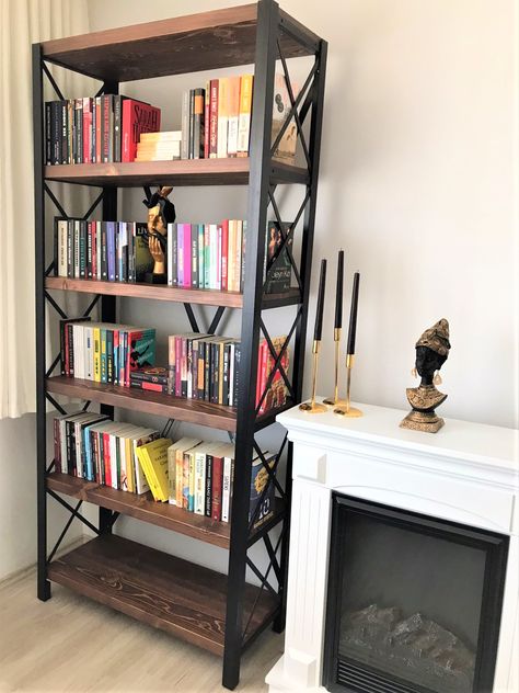 #bookcase #bookshelves #bookshelf Industrial Bookshelf Styling, Steampunk Bookshelf, Bookshelves Vintage, Style Bookshelves, Rustic Bookshelves, Steel Bookshelf, Solid Wood Bookshelf, Wood Bookshelf, Bookshelves In Bedroom