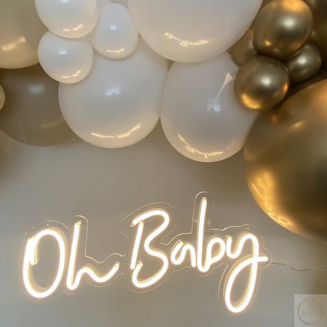 Moongate hoop, balloons, oh baby neon sign and wooden baby boxes Baby Box, Oh Baby, Shower Decorations, Neon Sign, Baby Shower Decorations, Balloons, Neon Signs, Baby Shower, Neon