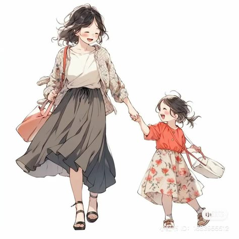 Mother And Daughter Drawing Anime, Pose Mother And Daughter, Adult And Child Drawing Reference, Parent And Kid Drawing Reference, Mom And Daughter Illustration, Parent Poses, Mother And Child Drawing, Mother And Daughter Drawing, Mother Daughter Poses