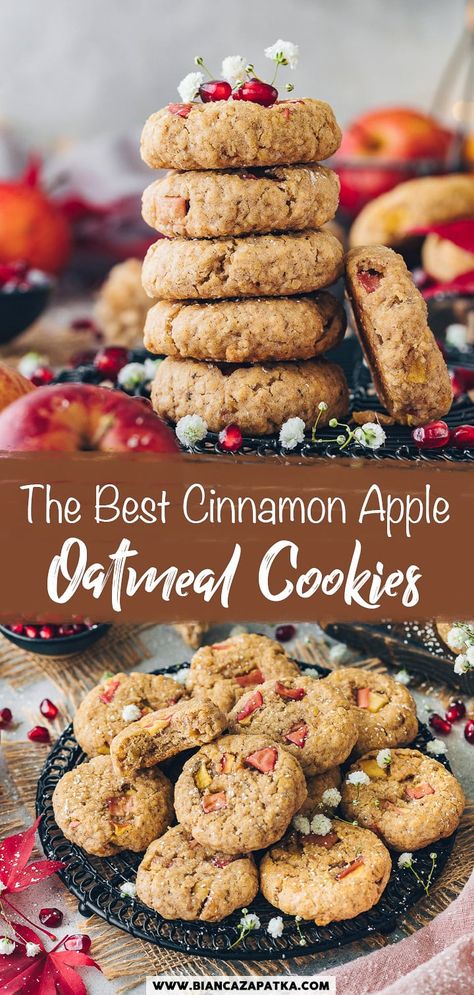 Apple Cinnamon Oatmeal Cookies These easy-to-make vegan Apple Oatmeal Cookies are flavored with vanilla and cinnamon, making them the perfect fall holiday treats. You can make these deliciously moist and chewy oat cookies generously flecked with apple bits and crushed walnuts in less than 30 minutes! Vegan Apple Cookies, Apple Oat Cookies, Vegan Apple Oatmeal, Apple Cinnamon Oatmeal Cookies, Vegan Christmas Cookies Recipes, Cinnamon Oatmeal Cookies, Oat Cookie Recipe, Apple Oatmeal Cookies, Easy Homemade Cookies