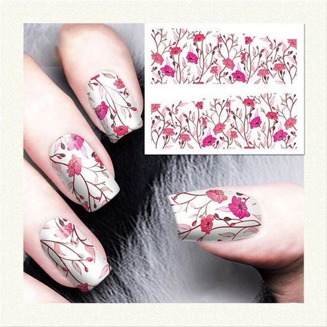 Nail Stickers - Water Nail Stickers - Nail Water Decals - Nail Print - Nail Art Decals - Nail Art - Pink Flower Nail Art, Pink Flower Nails, Fashion Nail Art, Cat Nail Art, Nail Water Decals, Water Nails, Nail Polish Stickers, Nail Art Stickers Decals, Transparent Nails