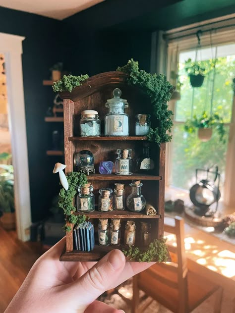 Apothecary Cabinet Diy, Potion Shelf, Mini Bookshelf, Witch Room, Fairy House Diy, Miniature Display, Fairy Garden Crafts, Mini Stuff, Witchy Decor