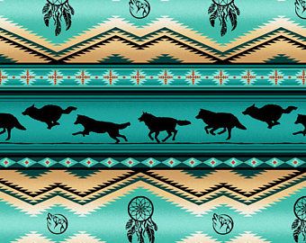 Elizabeth Studios Native Pattern Wolves Turquoise, 1 Yard Native Paintings, Indian Shield, Southwest Fabric, Largest Wolf, Native Print, Native American Patterns, Indian Blankets, Pendleton Wool, Cotton Quilting Fabric