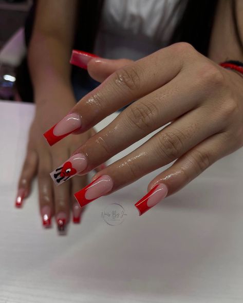 Red Nails With M Initial, Medium Red Acrylic Nails, Acrylic Nails With Bf Initials Red, Red Initial Nails, Red Heart Nails Acrylic, Nails Acrylic Initial, Red Nails With Initials, Nail Initials Design, Red French Tip Nails With Design