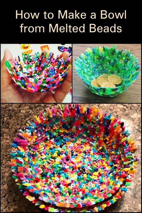 Wondering what to do with all those spare beads you've got in your crafting kit? Why not turn make colorful melted bead bowls? Check out the article above and learn how. Perler Bead Bowls, Melted Pony Bead Crafts, Melted Plastic Art, Melted Glass Art, Pony Beads Crafts, Melted Bead Bowl, Plastic Beads Melted, Melted Bead Suncatcher, Melts Beads