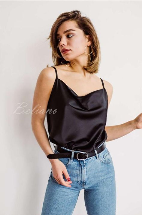 Black Silk Cami Outfit, Satin Tank Top Outfit, Black Tank Outfit, Silk Cami Outfit, Autum Outfit, Silk Shirt Outfit, Cami Outfit, Miami Club, Silk Clothing