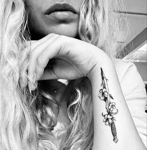 Girly Knife Tattoo, Girly Dagger Tattoo, Cherry Tattoos, Knife Tattoo, Dagger Tattoo, Blossom Tattoo, Cherry Blossom Tattoo, Classy Tattoos, Girly Stuff