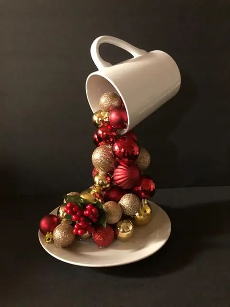 Christmas Floating Teacups, Teacup Christmas Crafts, Teacup Crafts Ideas, Tea Cup Crafts Diy, Floating Tea Cups Ideas Diy, Teacup Ornaments, Tea Cup Projects, Teacup Christmas, Tea Cup Centerpieces