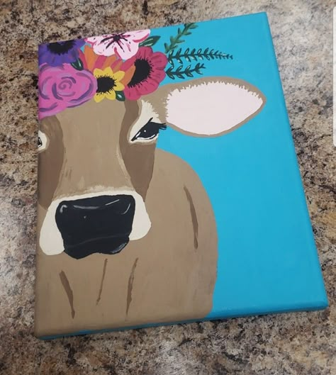 Brown Swiss cow with flower crown. Cow Portrait Painting, Cow Canvas Painting Ideas, Diy Cow Painting Easy, Farm Canvas Painting Easy, Cow Paintings On Canvas Easy, Cow Painting Ideas Easy, Easy Animal Paintings On Canvas, Cow Painting Ideas On Canvas, Cow Easy Painting