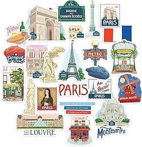 Navy Peony Passionate Paris City Travel Stickers (25 Pieces) - Gouache Style, France-Themed, Waterproof | French Adventure Decals for Scrapbooks, Journals, Laptops Paris Stickers Printable, Travel Journalling, Paris Icons, Paris Stickers, Illustrated Stickers, France Illustration, Navy Peony, Avenue Des Champs-élysées, Champs Elysees Paris