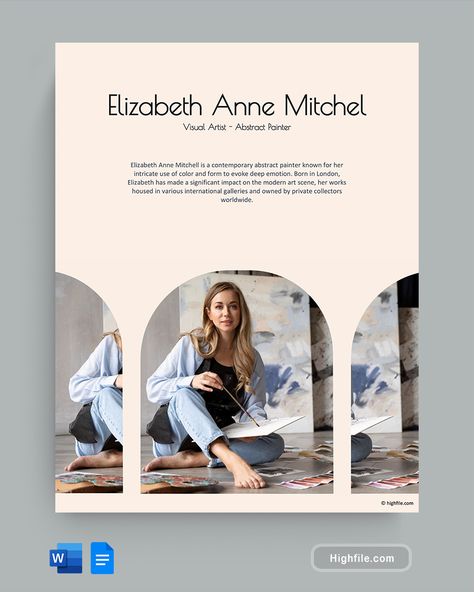 Artist Biography Template - Word | Google Docs - Highfile Therapist Bio, Artist Biography Template, Biography Design, Author Biography Template, Professional Biography Template, Autobiography Example, Biography Magazine Layout, Biography Template, Bio Template