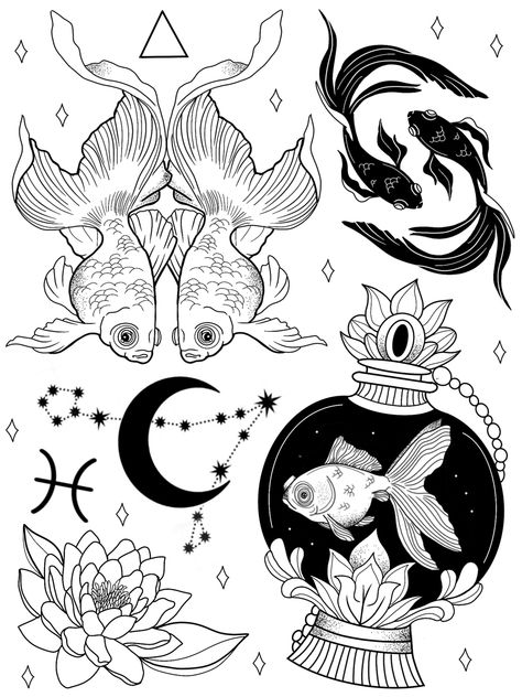 Pisces Flash Tattoo, Pisces Tattoo Traditional, Tattoos For Pisces Women, Pisces Tarot Card Tattoo, Pisces Art Drawing, Pisces Drawing, Neptune Tattoo, Pisces Flower, Astrology Tattoo