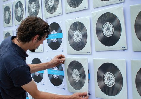 Ford Festivals Sponsorship. To demonstrate its commitment to Quebec’s local music scene, Ford produced a limited-edition LP that featured 5 of Quebec’s up-and-coming artists. During the Festival d’été de Québec, two ‘walls of sound’ were erected with free albums on the walls.  Over 400 albums went in under 3 hours. The other outdoor board invited visitors to share their tracks and tweet their reviews about Ford, the festival and the Quebec music scene. By Martin Dessureaux, via Behance Music Activation Ideas, Music Festival Activation, Music Activation, Music Festival Branding, Music Guitar Quotes, Brand Activation Ideas, Music Player Design, Festival Branding, Activation Ideas