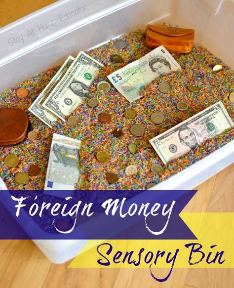 Foreign money sensory bin by Stay At Home Educator to go with an Around the World preschool theme Multicultural Activities, Foreign Money, Toddler Sensory Bins, Around The World Theme, Make Money Writing, Sensory Bin, Preschool Theme, World Crafts, Sensory Bins