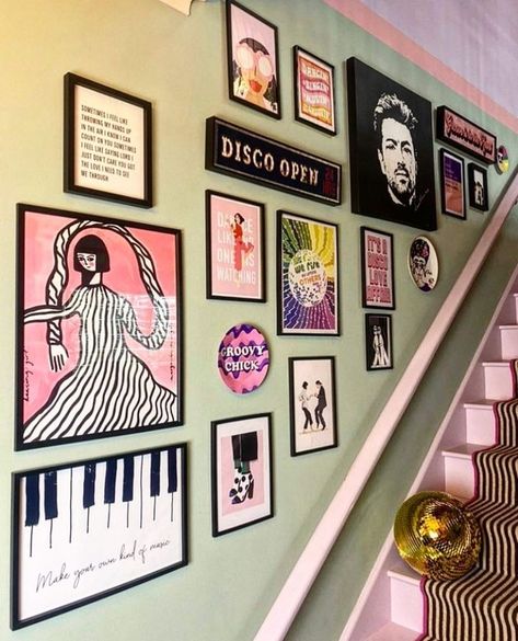 #gallerywallart on Instagram | Hashtags Stairs Gallery Wall, Stairs And Hallway Ideas, Disco Dancing, Stair Gallery, Disco Dance, Music Artwork, Watch This Space, Instagram Hashtags, Stair Runner