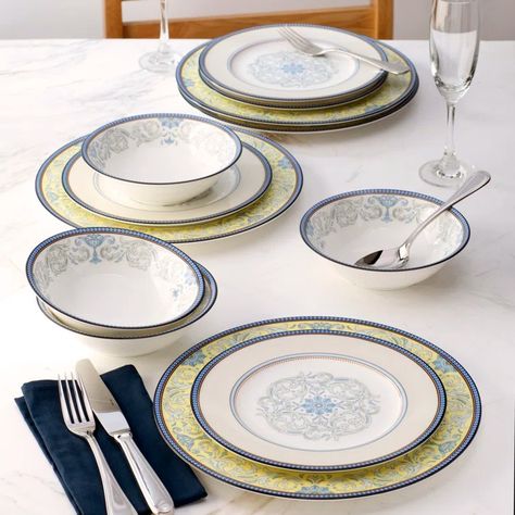 Noritake Menorca Palace 12-Piece Dinnerware Set, Service for 4 & Reviews | Wayfair Italian Pottery, Bootie Sandals, China Patterns, Pottery Designs, Menorca, Baby Boy Shoes, Yellow And Blue, Cereal Bowls, Small Accessories