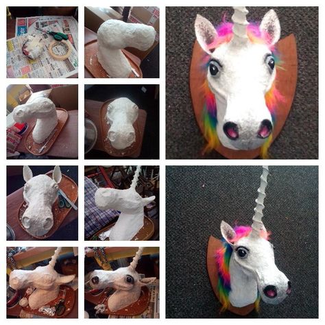 Unicorn Paper Mache, Paper Mache Horse Head, Paper Mache Dragon Head, Paper Mache Unicorn Head, Paper Mache Rhino Head, Paper Mache Taxidermy Animal Heads, Paper Mache Recipe, Cardboard Animals, 3d Art Projects