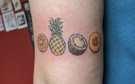 Inspierd by the songs tangerine, melon and the coconut, and pork soda by glass animals Glass Animals Tattoo Band, Glass Animals Tattoo, Melon Tattoo, Sorry Mom Tattoo, Pineapple Tattoo, Tattoos Inspo, Animals Tattoo, Music Project, Giving Up On Life