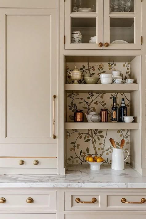 Pantry To Cabinet Conversion, Wallpaper Inside Cabinets Kitchen, Mushroom Colored Kitchen Cabinets, Kitchen Cabinets Wallpaper, Wallpaper Inside Cabinets, Kitchen Cabinets Beige, Kitchen Wallpaper Ideas, Beige Kitchen Cabinets, Cabinet Color Ideas