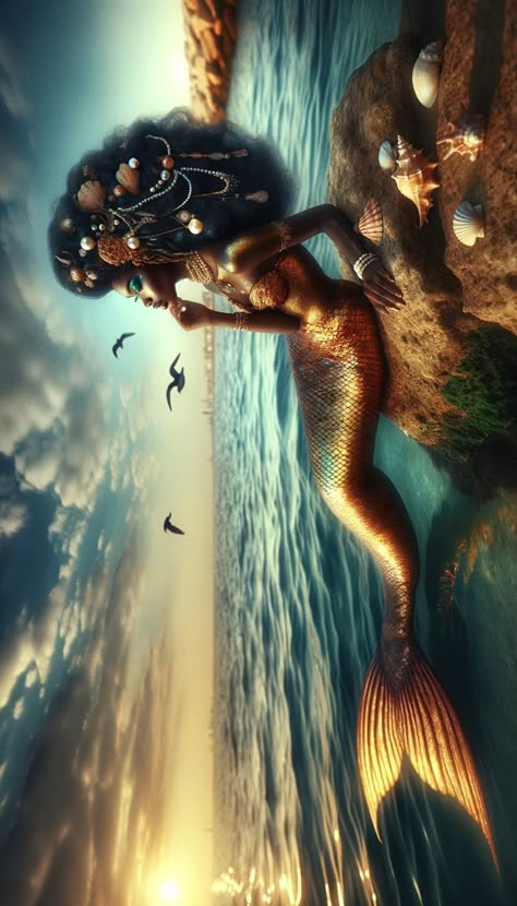 Dark Skinned Mermaid, Mami Wata Aesthetic, Mama Wata, Mermaid Concept Art, Black Mermaid Art, Dyi Wall Art, Lady Fish, Black Mermaids, Golden Mermaid