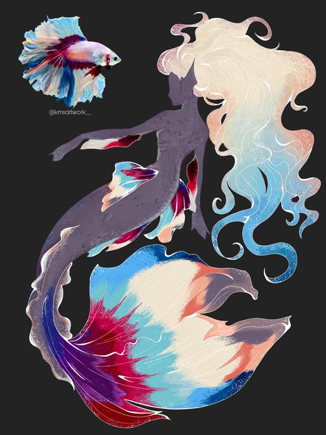 Mermaids Based On Fish, Mermaid Tails Design, Red And Blue Character Design, Betta Fish Mermaid Tail, Mermaid Tail Designs Drawing, Blue And Orange Character Design, Mermaid Ears Drawing, Mermaid Tails Art, Siren Tail Drawing