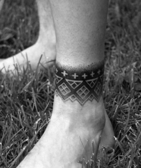 Ankle Band Dotwork Geometric Tattoo Design Ideas For Males Ankle Band Tattoo, Ankle Tattoo Men, Pattern Tattoos, Band Tattoos For Men, Geometric Line Tattoo, Tattoo Band, Tattoo Ankle, Ankle Tattoo Designs, Band Tattoos