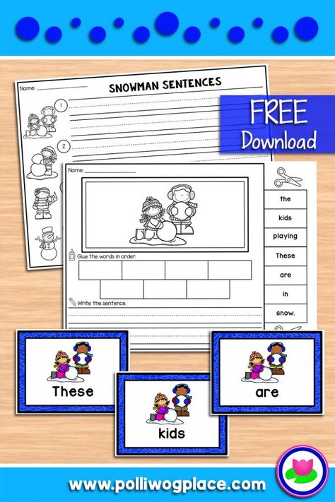 Free Sentence Scrambles - Building a Snowman.  This sentence building activity is perfect for centers. Read and sort the cards. Then write the sentences. Includes cut and paste activity pages, too! Winter Themed Activities, Winter Literacy Activities, Sentences Kindergarten, Building Sentences, Sentence Building Activities, Making Sentences, Sentence Scramble, February Classroom, Free Teacher Resources