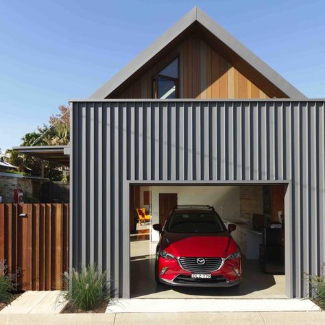 Shed Exterior, Office Facade, Steel Homes, Garage Extension, Contemporary Garage, Shale Grey, Recycled Brick, House Cladding, Corrugated Roofing