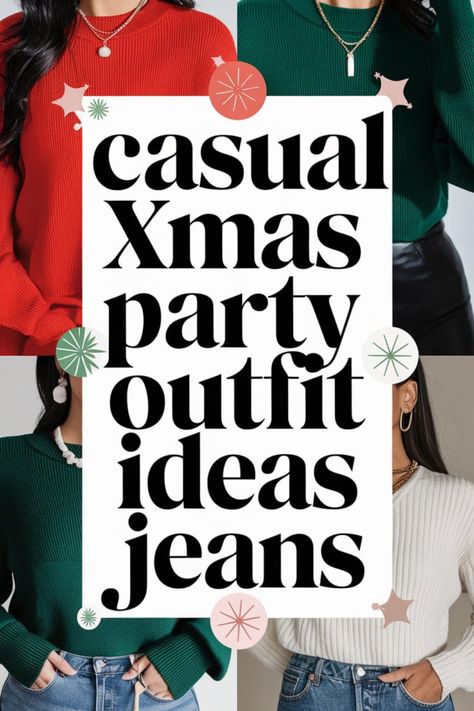 🎄 Get ready to spread holiday cheer with these stunning casual Xmas party outfit ideas jeans! Whether you're attending a family gathering or a cozy get-together with friends, these chic denim looks will keep you feeling festive and stylish. Pair your jeans with holiday-themed tops, cozy sweaters, and sparkly accessories for the perfect holiday ensemble. Make this Christmas unforgettable with these dazzling outfits! 👖✨🎅 Holiday Outfit With Jeans, Jeans Christmas Party Outfit, Casual Christmas Party Outfit For Women Jeans, Jean Christmas Outfits, Outfit Ideas For Christmas Party Casual, Christmas Party Jeans Outfit, Casual Festive Outfit, Denim Christmas Outfit, Holiday Jeans Outfit