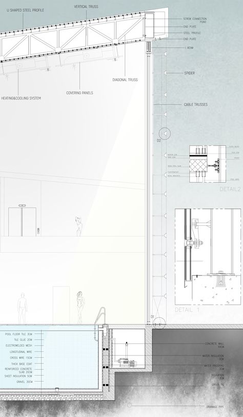 2D Truss System Detail  and coonnection of steel and truss 
Spider Web Glass System Detail and Connection Point Details Swimming Pool Structural Details, Olympic Pool Architecture, Long Span Roof Design, Swimming Pool Details Section, Olympic Pool Design, Natatorium Architecture, Pool Construction Detail, Pool Section Detail, Swimming Pool Plan Architecture