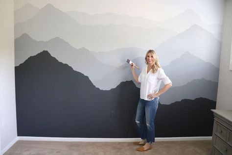 painted wall featuring mountain range in shades of gray Diy Bedroom Accent Wall, Accent Wall Bedroom Paint, Bedroom Accent Wall, Mountain Mural, Diy Accent Wall, Room Wall Painting, Bedroom Wall Designs, Bedroom Wall Paint, Bedroom Accent