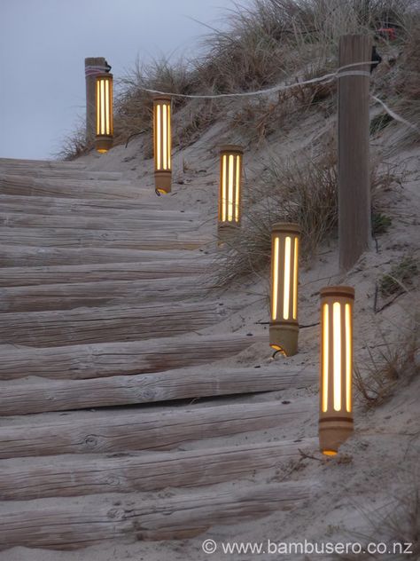 Bamboo lights | indoor outdoor lights | New Zealand | Bambusero Bamboo Lights, Bamboo Stakes, Bamboo Diy, Tenda Camping, Landscape Lighting Design, Bamboo Decor, Bamboo Architecture, Bamboo Light, Bamboo Lamp