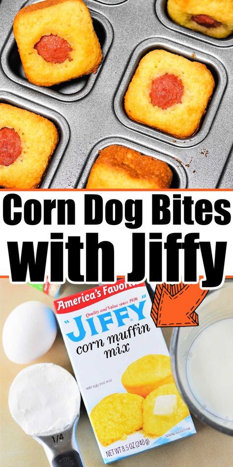 Baked Jiffy corn dog bites in oven are an easy snack or meal that kids love. Homemade corndogs in muffin tin perfect for dipping. Corn Dog Muffins Jiffy, Corn Dog Bites, Corndog Bites, Jiffy Corn Dogs, Jiffy Mini Corn Dog Muffins, Cornbread Hot Dogs Mini Muffins, Mini Corn Dogs Muffins, Corn Muffin Mix Recipes, Corn Dog Mini Muffins